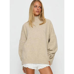 H&M Women's XS Turtleneck Sweater Long Sleeve Knitted Pullover Beige Oversized